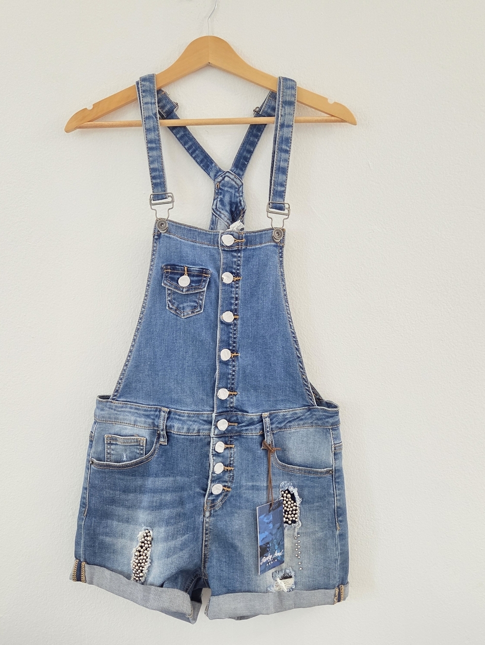 Funky Soul Distressed Studded Denim Short Overalls NWT - Picture 9 of 16